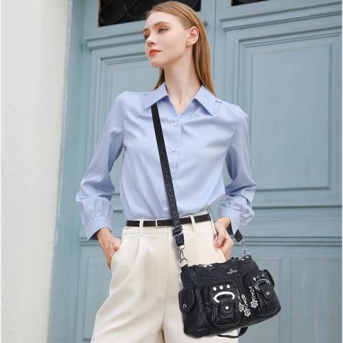 Image of Angel Kiss Small Hobo Purses for Women, Washed Vegan Leather Multi-Pocket Purse, Shoulder Handbag with Adjustable Strap