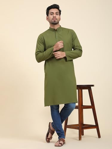 Image of SKAVIJ Mens Cotton Casual Wear Modern Kurta Shirt for Everyday Use Yoga Outfit Olive Green Small