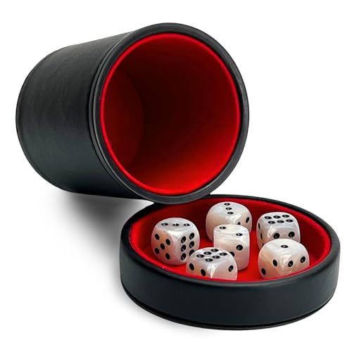 Luck Lab Black Leather Dice Cup with Lid Including 6 Matching Pearl Dice - Red Velvet Interior for Quiet Shaking - Use for Liars Dice Farkle Yahtzee Board Games