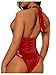 WDIRARA Women's Deep V Neck Sleeveless PU Leather Skinny Bodysuit Halter Top Red M