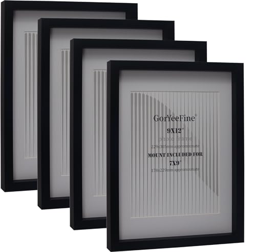 4-Pack Black 9x12 Wooden Photo Frames, 9x12'' Mat 7x9'' (4PK)