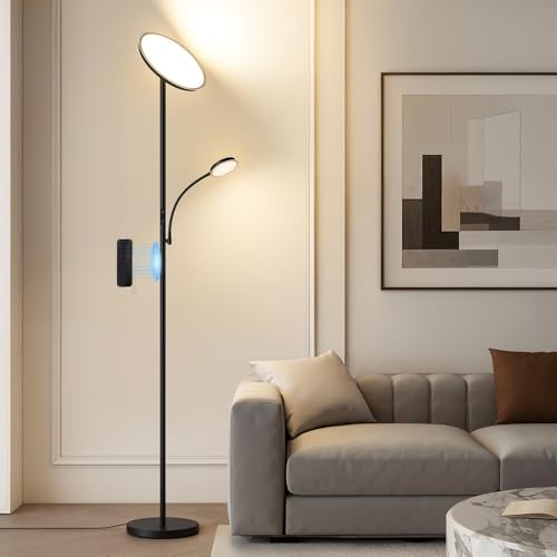 Image of GyroVu LED Uplighter Floor Lamp, Standing Lamp with Remote & Touch Control, 3000K-6500K Color Temperature, Modern Floor Lamp for Living Room Bedroom Office Black