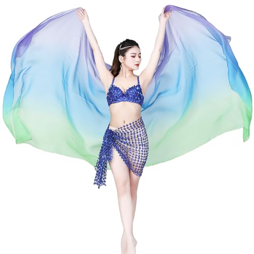 Leemiman Velo per danza del ventre da donna, in chiffon, colore graduale, per adulti, lunghezza 2,5 m, larghezza 1,14 m, Verde Blu Viola, 250*114 cm