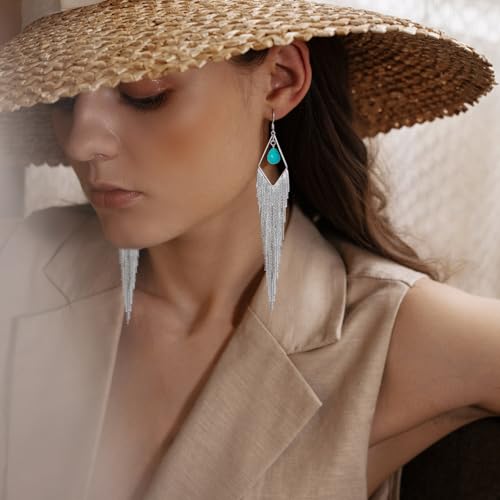 Tassel Earrings Long Tassel Dangle Drop Earrings for Woman Turquoise Earrings Pearl Drop Earrings Silver/Gold Drop Dangle Earrings Boho Western Turquoise Jewelry Statement Earrings Hypoallergenic for Valentines Day Prom Party2