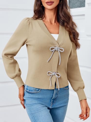 Image of Saodimallsu Womens Bow Button Front Cardigan Sweaters V Neck Cropped Knit Sweater