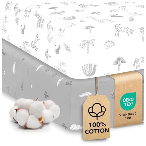 Image of Cotton Crib Sheets 2 Pack – Sweety Fox Mini Fitted Sheets for Baby Boys and Girls, Soft Jersey Knit for Crib or Toddler Bed, Savanna Print
