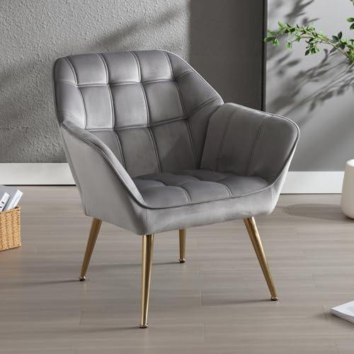 Wahson Sillón de Terciopelo Elegante Butaca Moderna con Patas Doradas,Silla Individual de Ocio con Apoyabrazos para Dormitorio/Salón (Gris)