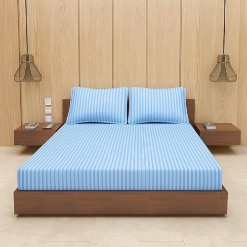 Image of BEVI - Home Premium Self Striped Double King Bedsheet with 2 Pillow Covers 300 TC Ultra-Soft 300 TC Microfiber Bed Sheet| Size (90 inch x 100 inch) Light Blue