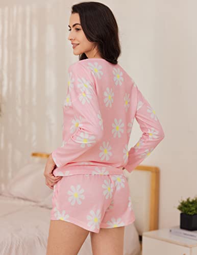 Ekouaer Women 2 Piece Waffle Set Long Sleeve Floral Knit Pullover Top And Knitted Shorts Suit Spring Outfits Pink Daisy Flower #TOP4