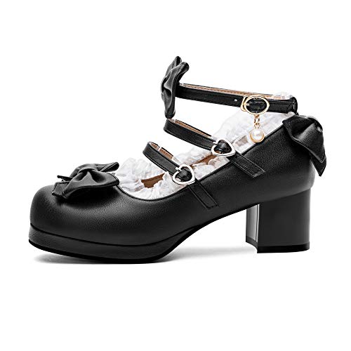 100FIXEO Women's Kawaii Platform Ankle Strap Chunky Heel Mary Jane Pumps Cute Closed Toe Goth Strappy Bow Lace Party Dress Shoes2