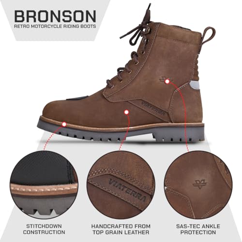 Image of ViaTerra Bronson Retro Motorcycle Riding Boots for Men |Gear Protector, Top Grain Leather |SAS-Tec Ankle Protection Riding Shoes (Brown)