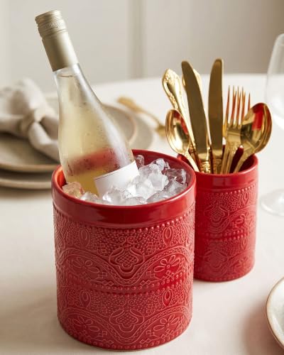Image of FUN ELEMENTS Kitchen Utensil Holder, 7.2+5.5 inch Super Large Utensil Crock Heavy and Stable Lace Emboss Ceramic Utensil Holder for Kitchen Counter (2Pcs Christmas Red)