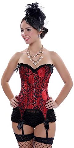 HNGHOU Women's Sexy Corset Bustier Push up Overbust Corset Top with Garter Belt (Red,Large) — view 3
