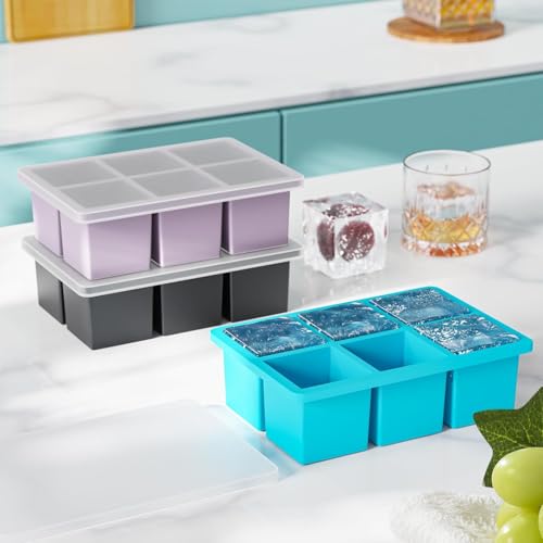 Image of Large Ice Cube Tray for Whiskey: Silicone Ice Cube Trays with Lid - 3Pack Big Square Old Fashioned Ice Cube Maker for Cocktail - 2inch Huge Cubed Ice Trays (Black+Sky+Purple(3pack)(6 Grid))