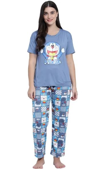 disolve Women Cartoon Print Short Sleeve Top with Long Pants Two Piece Pajama Sets (Blue)-picture-45