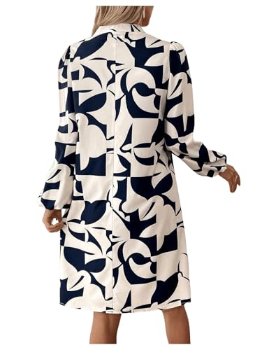 SweatyRocks Women's Geometric Pattern Printed V Neck Dress Collar Lantern Long Sleeve Casual Dresses2