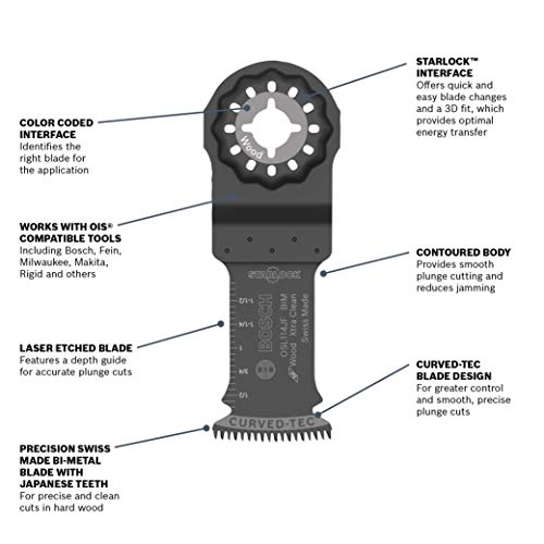 BOSCH Starlock Oscillating Tool Blades, Bi-Metal Multitool Blades for Hard Wood, Laminate and Drywall; Extra Clean Plunge Cut Saw Blades, 3-Pack, 1-1/4 Width (OSL114JF-3)