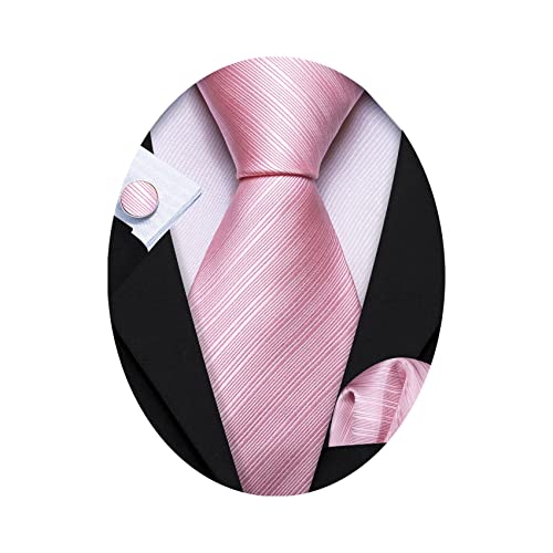 Barry.Wang Hombres Lazos llanos, colores sólidos Pañuelo y gemelos Corbata Set Formal Boda Negocio, Raya Rosada, Taille unique Cover