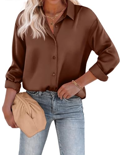 Beyove Damen Bluse Satin Seide V-Ausschnitt Hemden Elegant Langarm Business Oberteile mit Knöpfen Tops Lose Langarmshirt Braun S