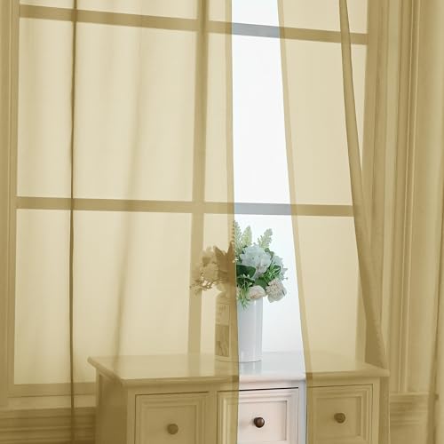 Image of OVZME Gold Sheer Curtains 84 Inches Long 2 Panels - Soft Light Filtering Window Sheer Panels for Living Room /Bedroom, Top Dual Rod Pocket, 1 Pair, Each 42Wx84L Inches