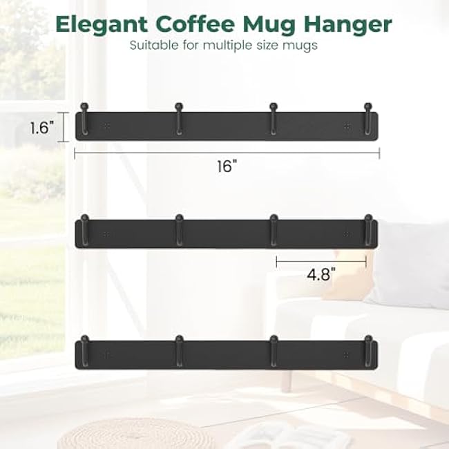 EsLuker.ly Mug Holder Rack Coffee Cup Hanger Wall Mount, Metal Wall Cup Shelf Organizer Stand with 12 Hooks, Fits Most Mugs Display for Home Kitchen, Easy to Install, Set of 3, Black