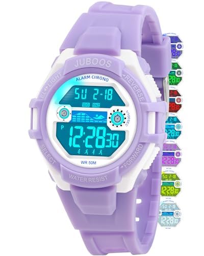 Juboos Armbandhorloge Kinderen, Kinderhorloge Jongen Meisjes Analoog Quartz Horloge met Armbandhorloge Licht 50M Waterdicht Outdoor Sports Jugend Uhr 7-16 (Lichtpaars)