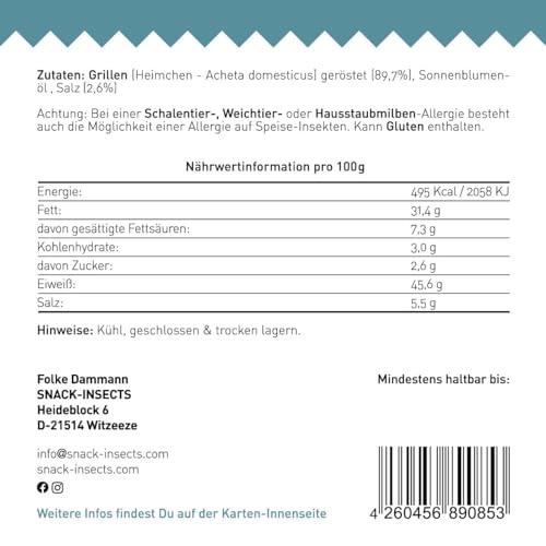 Crunchy Grillen 'Salt' - 20g Insekten Snack zum Sofortverzehr oder als Kochzutat - Insektensnack von 'SNACK insects'