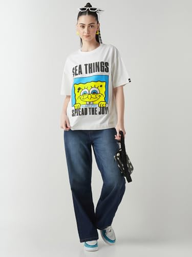 Image of Bewakoof Official Garfield Merchandise Women's Graphic Printed Oversized Fit Half Sleeve Round Neck Cotton Jersey T-Shirt