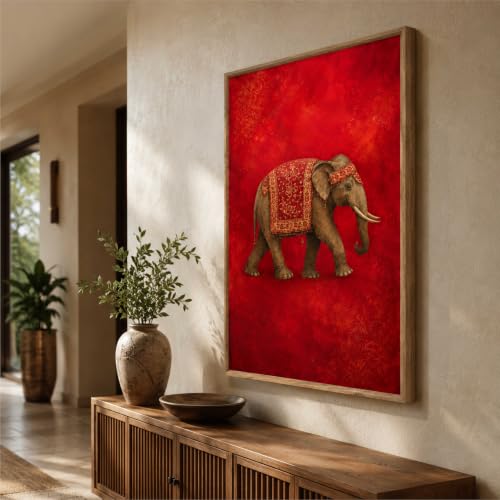 Image of Livin'luxe Royal Elephant Wall Painting for Living Room Bedroom Hall Office Decor, Red Vintage Animal Artwork with Sparkle Laminate and Premium Wooden Synthetic Frame (19.5 x 25.5 Inch) NL01-4108
