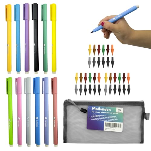 Malherden 11 colores + 1 lápiz, nunca volver a afilar, hasta 2 años de tiempo de pintura, lápices triangulares ergonómicos con 48 minas y goma de borrar integrada, incluye estuche con cremallera para