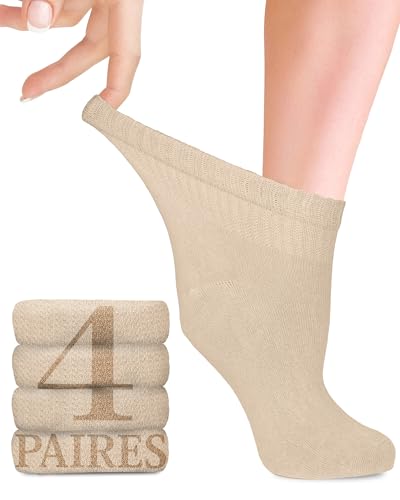 Chaussettes Diabétiques pour Femmes avec Lycra, 4 Paires, Chaussettes en Bambou Mi-hautes, Fines et sans Couture pour le Quotidien, Tailles 35-38 et 39-42 avec 18 Couleurs (39-42, Hellbeige)