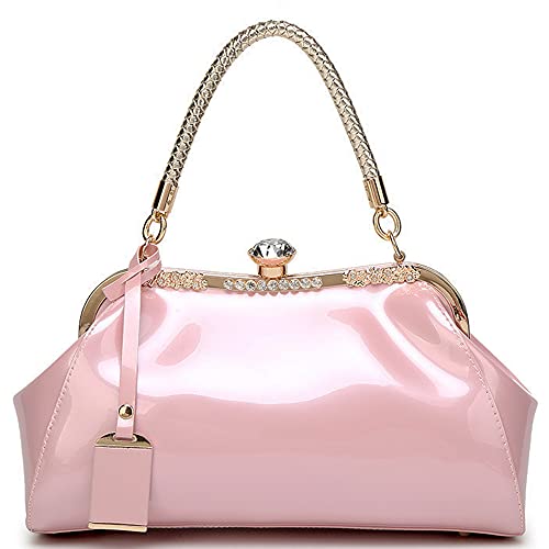 Dayfine Bolsas femininas de couro envernizado brilhante, alça superior, bolsa com fivela de cristal, bolsa de ombro para noite, rosa, One Size
