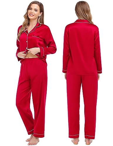 SWOMOG Couples Matching Pajamas Set Women & Men Satin Long Sleeve Sleepwear Soft Button Down Pj Set Silk Loungewear2