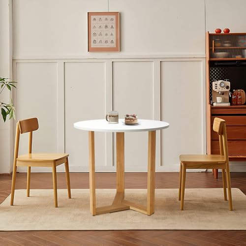 KithKasa 31.5" Mid Century Modern Round White Dining Table for 2-4, with Wood Legs & MDF Tabletop for Small Space Dining Room Narrow Nook