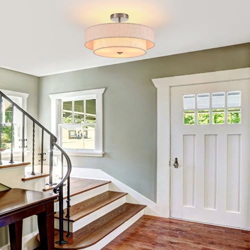 Widluth 18" Semi Flush Mount Ceiling Light 3-Light Modern Linen Drum Ceiling Lighting with Chrome Finish, Vintage Ceiling Light for Living Room, Kitchen, Basement, Laundry Room, Bedroom by Widluth - Used condition - Image 9
