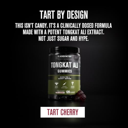 Image of Jacked Factory Tongkat Ali Gummies - 100:1 Tongkat-Ali (Eurycoma Longifolia) Extract for Enhanced Vitality, Improved Energy Levels, Increased Strength, & Lean Muscle Growth - 120 Count, Tart Cherry