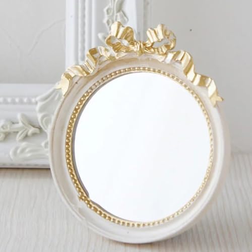 Espejo de maquillaje portátil redondo con moño beige miniatura 4