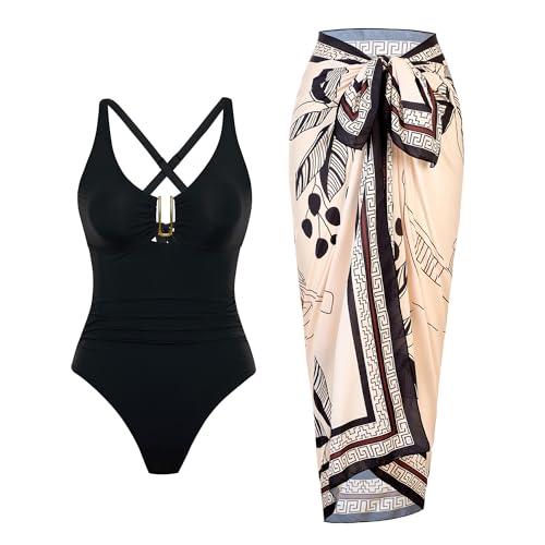 One Piece Swimsuit Women with Cover Up Set Retro Bathing Suit for Women Tummy Control Beach Wrap Skirt