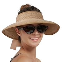 Creekstone Sun Visor Hats for Women Straw Visor Wide Brim UV Protection Packable Summer Beach Hat Ponytail Travel UPF 50+ (CA/US, Alpha, One Size, Khaki)