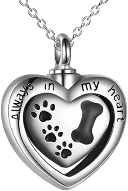 Always in My Heart Pet Paw Dog Bone Cremation Heart Urn Necklace For Dog Ash Jewelry Memorial Keepsake Pendant Jewelry Necklace for Dog/Cat ash Keepsake Pendant Necklace Jewelry Memorial for Pets urns