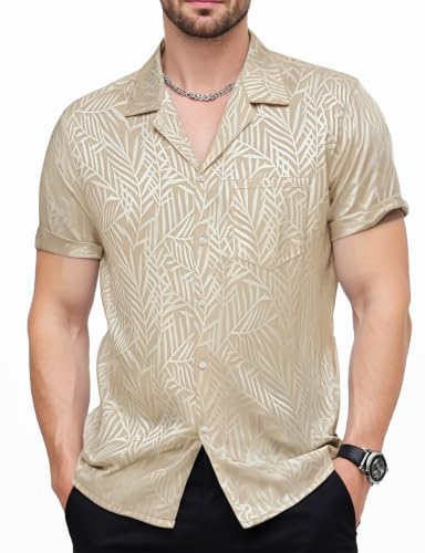 JEMITOP Mens Shiny Satin Silk-Like Designer Shirt Summer Short Sleeve Button Down Up Shirt Jacquard Hawaiian Tropical Floral Beach Party Cruise Tops Chamagne Gold L