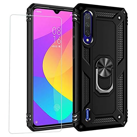 Joytag Funda para Xiaomi Mi 9 Lite,Carcasa +Cristal Templado Silicona TPU 360 Grados Anillo Giratorio magnético Soporte Caja del teléfono del Coche-Negro Cover