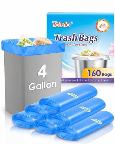Image of Teivio Small Trash Bags 4 Gallon 160 Counts Garbage Bags, Bathroom Trash Can Bin Liners, Small Plastic Bags for home office kitchen, fit 12-15 Liter, 3,3.5,4.5 Gal, Blue