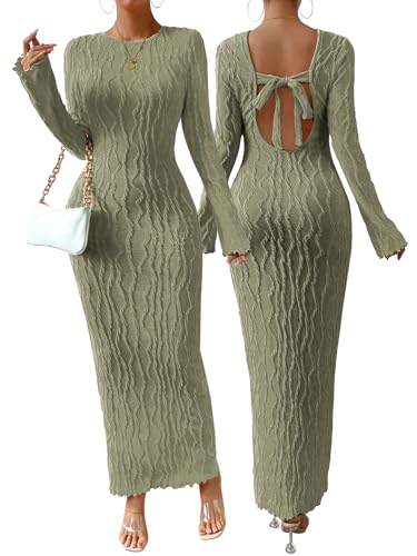 Narecte Fall Dresses for Women Long Sleeve Maxi Dress Backless Bodycon Dresses Casual Long Formal Dress