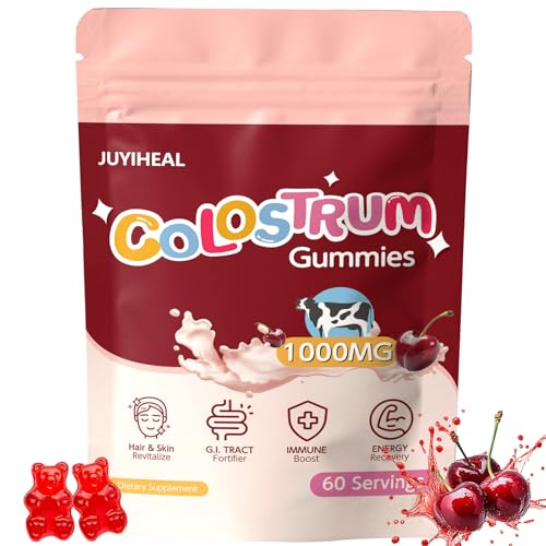 JUYIHEAL Colostrum Gummies, 1000 mg Grass Fed Colostrum Chews Colostrum Supplement for Gut Health, Hair Growth, Beauty, and Immune Support, Cherry Flavor 60 Servings