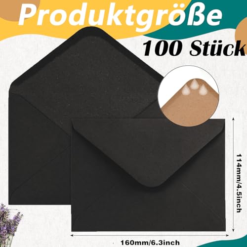 100 Stück Kraftpapierumschläge, 11,4 x 16,2 cm Kuvert Briefkuvert Briefhülle mit Nassklebung, Briefumschläge Aus Kraftpapier, für Grußkarten Einladung Geburtstagskarten Nassklebung, Schwarz