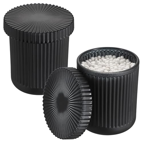 OLegei Glass Cotton Ball and Swab Holder Organizer, Set of 2 Bathroom Glass Storage Jars with Lid, Q-tips Floss Dispenser, Vanity Makeup Accessories Storage Jar, Apothecary Storage Canister (Black)