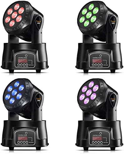 LED Moving Head Light,Yunhion RGBW LED Stage Lighting,7x8W Moving Heads Mini Stage Lights,Stage Spot Light,9/14 CH Wash Light with DMX and Sound Activated for DJ Disco Party Lights 4Packs