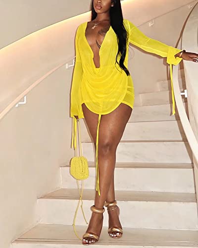 Image of Women's Sexy Long Sleeve Two 2 Pieces Outfits Sheer Mesh Mini Dress Skirt Set Top V Neck Backless Ruched Bodycon Cover Up