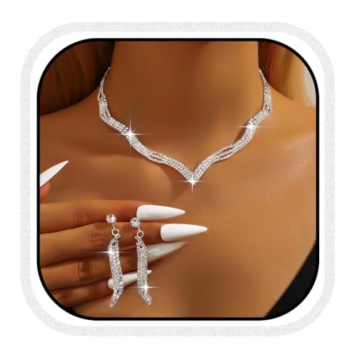 Fashband Kristall-Brautschmuck-Set, silberfarbene Strasssteine, Halskette, Ohrringe, Kostüm, Braut, Party-Schmuck für Frauen, Einheitsgröße, Kunstperle, Kein edelstein